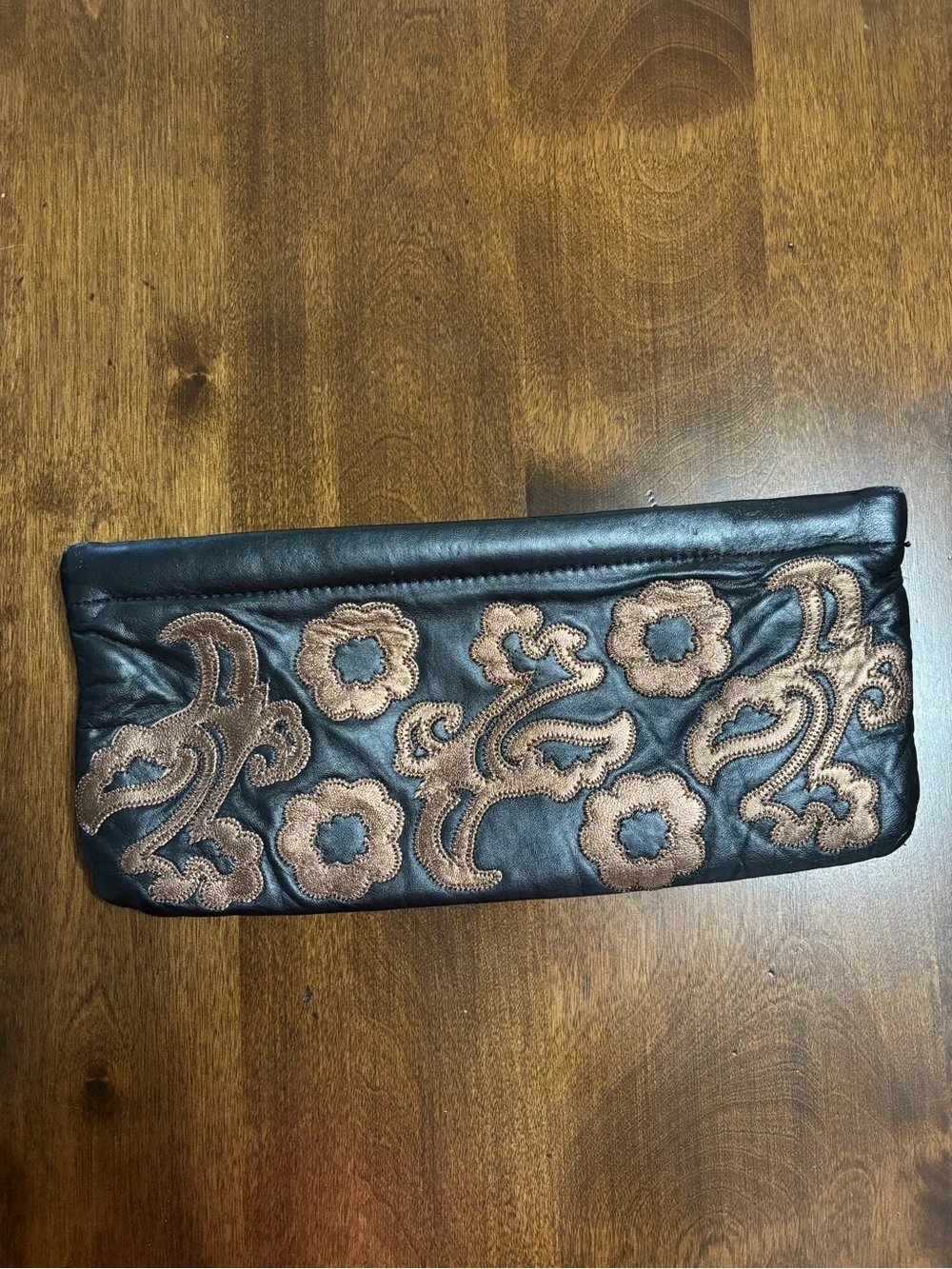 Women's Black Leather Clutch with Brown Floral Embroidery